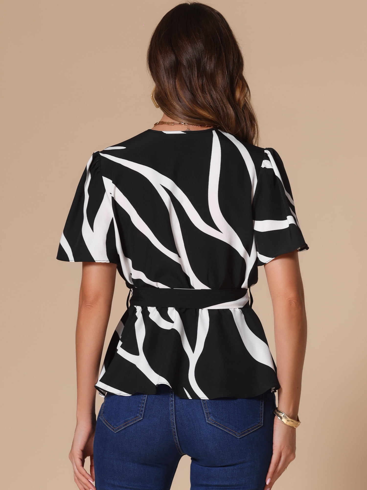 DARING DIVA Women's Flutter Sleeves Elastic Waist Belt Wrap V Neck Blouse XL Black