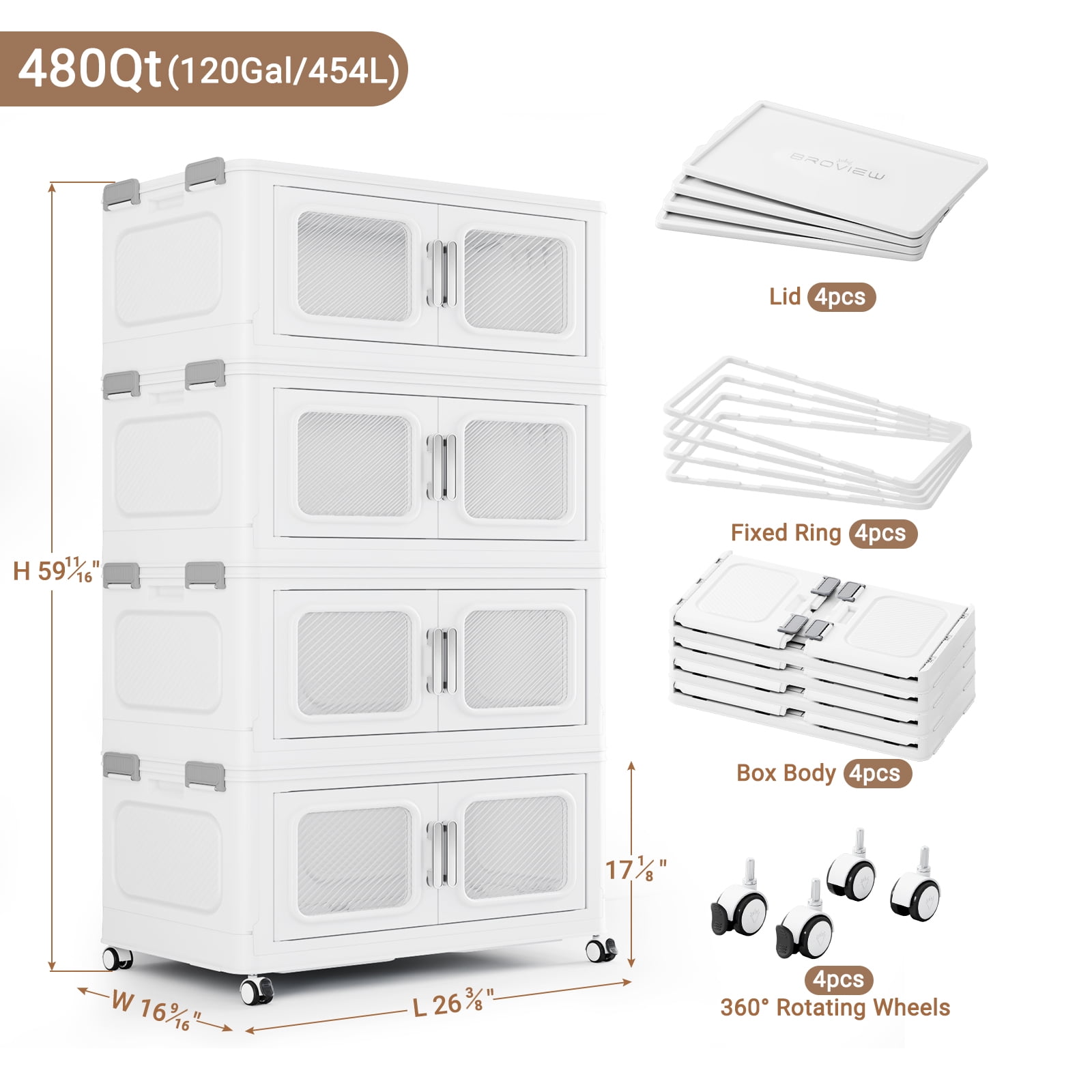 Broview 480QT Stackable Storage Bins with Lids, Extra Large 120Gal Foldable Crates for Family Storage, Kids Sports Gear, Holiday Decor, Space Saving Collapsible Toy, Closet Organizers, 4-Pack White