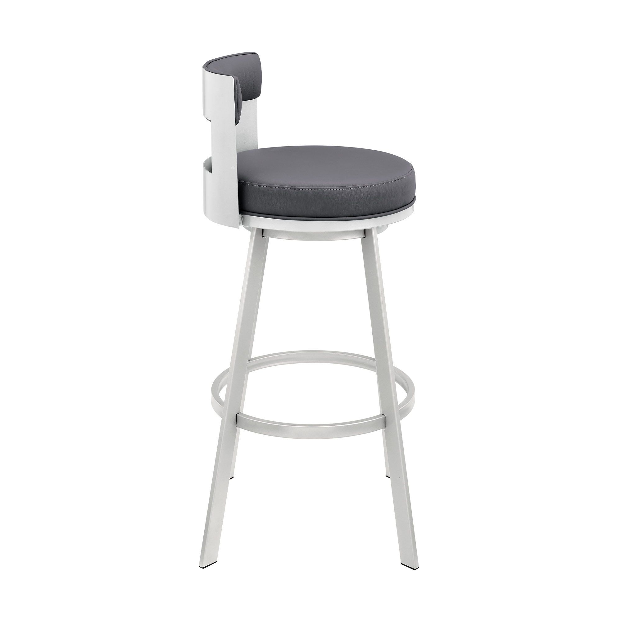 Armen Living Flynn26" Swivel Counter Stool in Silver Metal with Gray Faux Leather