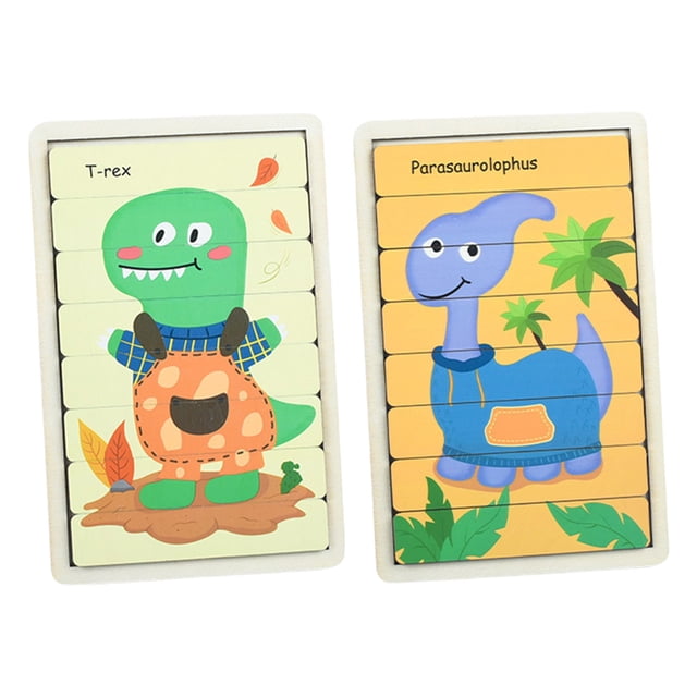 Wooden Dinosaur Animals Strip Puzzle Educational Toy For Kindergarten Pattern Cognition Early Learning Brain Teaser Mobile Puzzle Board Safe Natural Material Hand Eye Coordination Training