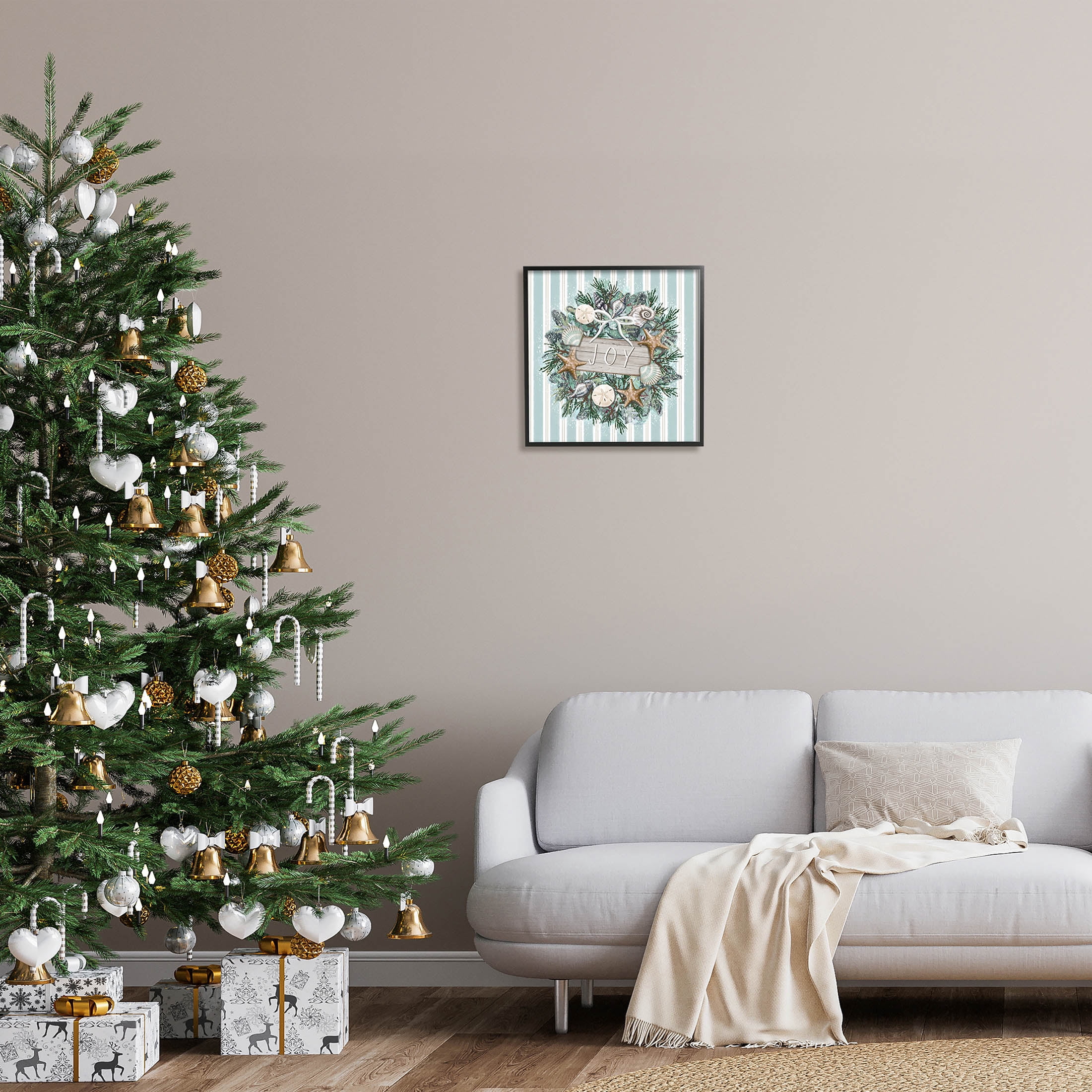 Stupell Industries Striped Joy Seashell Wreath Graphic Art Black Framed Art Print Wall Art, Design by Elizabeth Tyndall