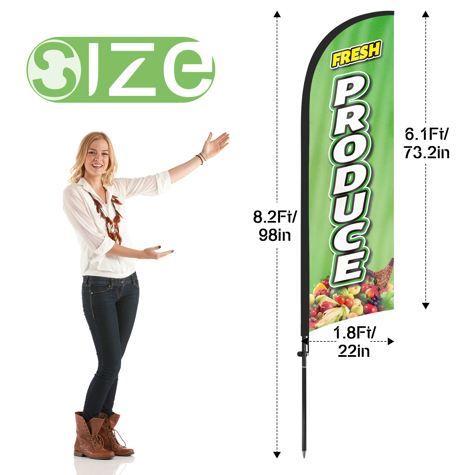 QSUM Fresh Produce Feather Flag with Flag Pole Kit and Ground Spike, 8.2FT Fresh Produce Windless Flag Banner Sign Business for Outdoor Advertising Sign Decoration Display