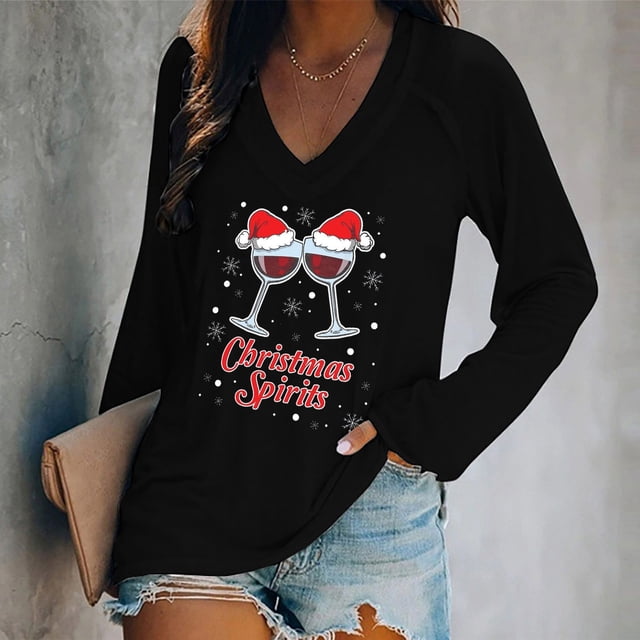 Puntoco Moda Mujer Casual Cuello en V Navidad Impreso Camiseta de manga larga Puntoco Puntoco-7005
