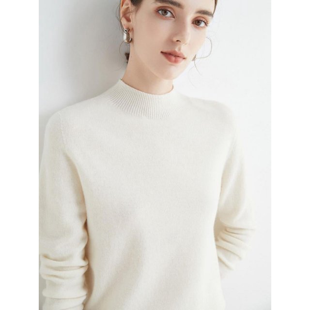 Suéter de punto de cachemira corto con cuello semialto suelto de mujer de pura lana lista para usar de primera línea de otoño e invierno