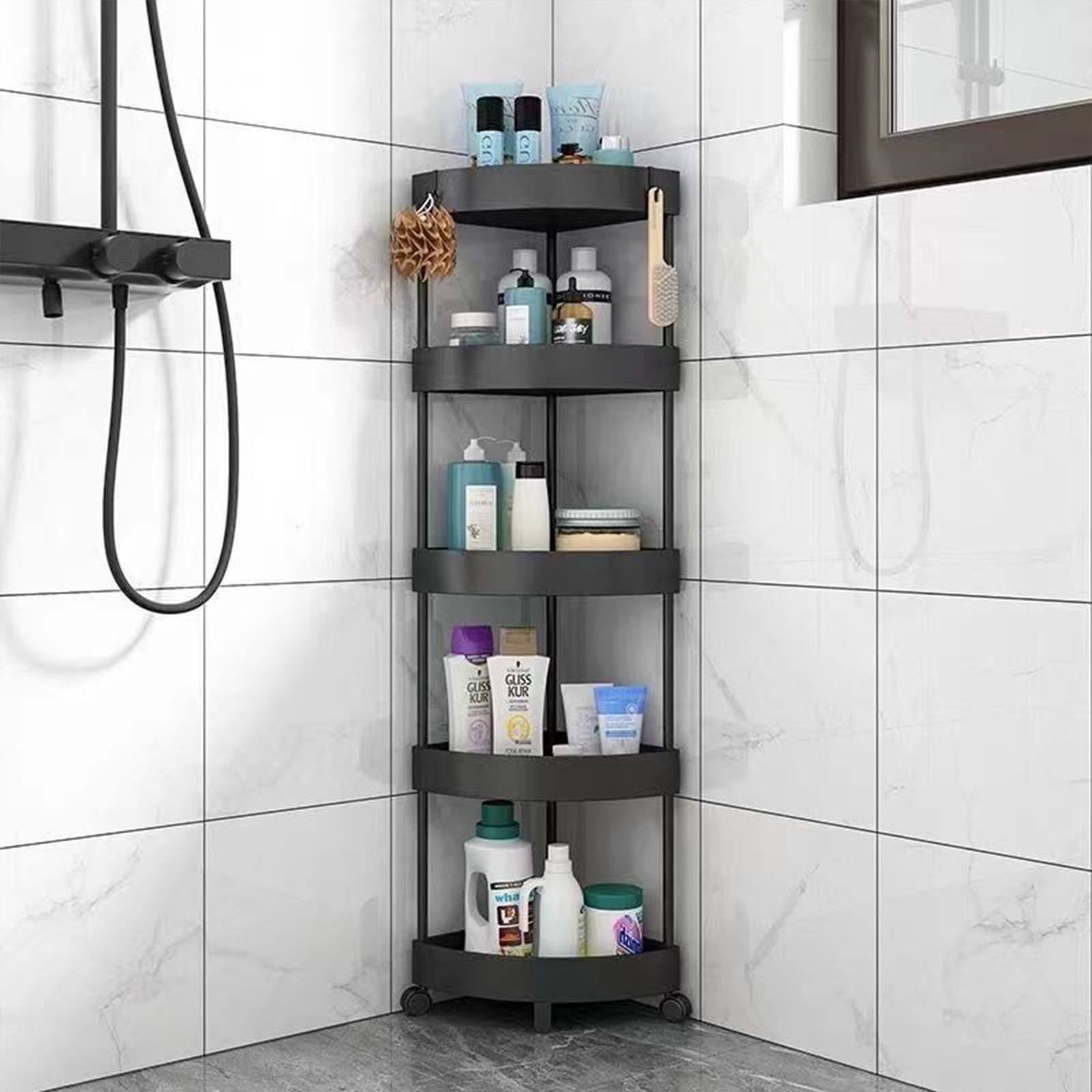 Viflosae Corner Shelf Toilet Shelf Bathroom Corner Storage Shelf Organizer with Detachable 5 Tiers Rolling Wheels and Drainage Holes for Bathroom