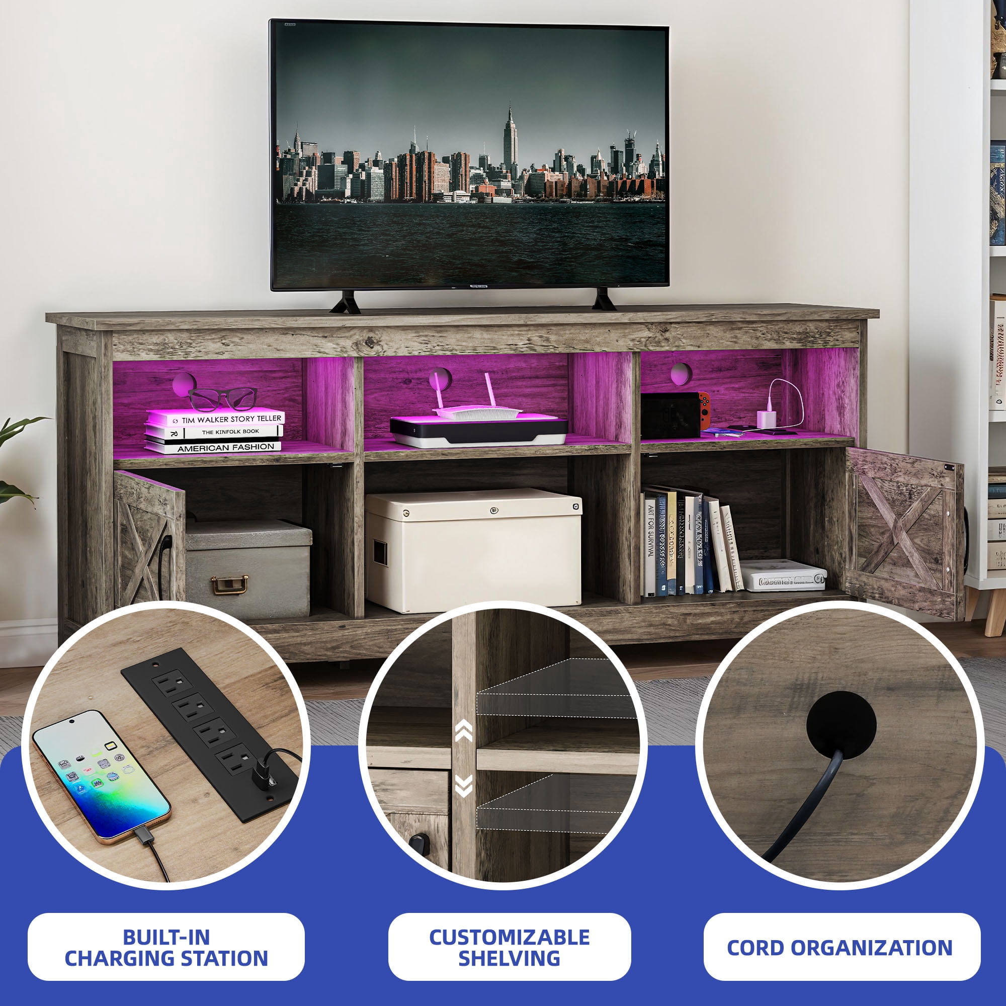 ModFusion Rustic Brown TV Stand, 70" Screen Support, Adjustable Shelves, LED Lights, 2 Doors with Magnetic Hinges, Cable Management, Freestanding Design, 300 lb Capacity