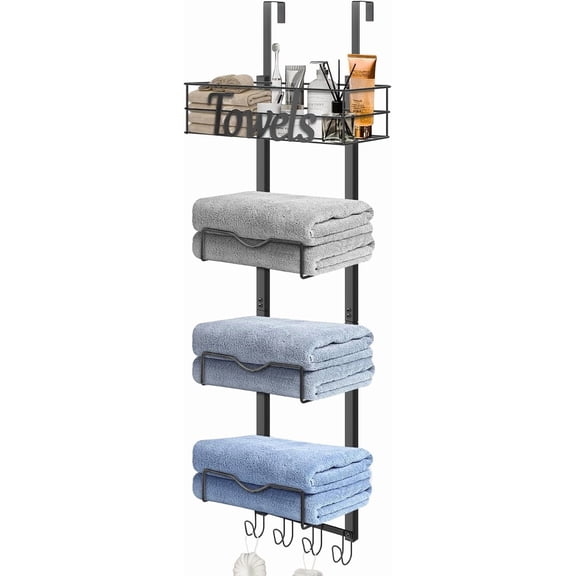 Over The Door Towel Racks, No Drill Towel Storage with Basket & Hooks, Space-Saving Multi-Functional Towel Holder for Bathrooms, bedrooms, Apartments, RVs (Matte Black)