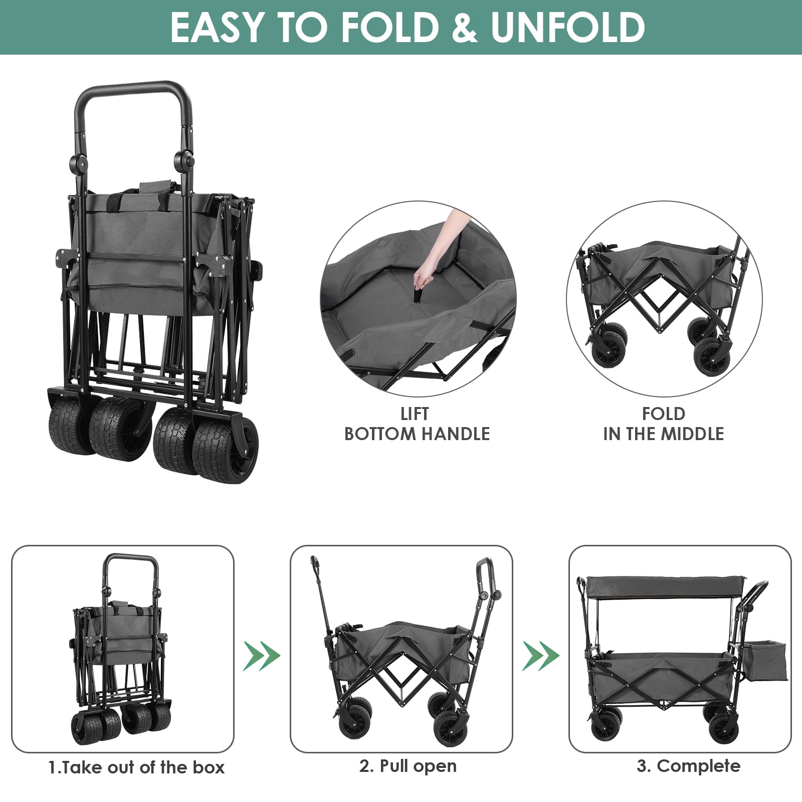 Pirecart Collapsible Wagon Cart, Outdoor Foldable Utility Beach Wagon with Removable Canopy, Cup Holder, Gray