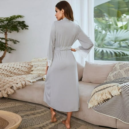 

Shop Clearance! Women Lace Edge Cozy Kimono Cotton Long Robe Knit Bathrobe Soft Sleepwear V-Neck Ladies Homewear Plus Size S-2XL