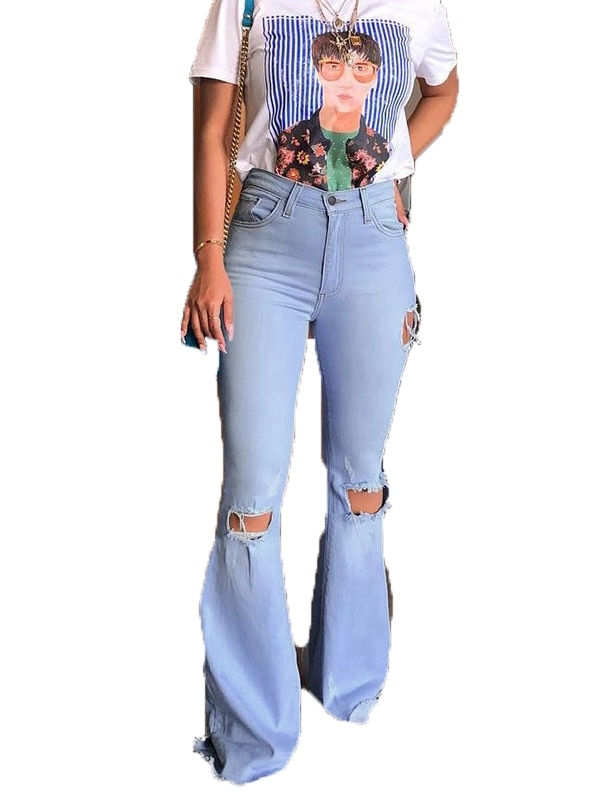 DYMADE Women's Classic Flare Jeans Bootcut Bell Bottom Flared Ripped Denim Pants - image 1 of 2