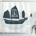 thumbnail image 1 of Vintage Boat Shower Curtain, Gypsy of the Sea Pirate Ship Headed to Treasure Island Vintage Style, Fabric Bathroom Set with Hooks, 69W X 84L Inches Extra Long, Dark Blue Grey White, by Ambesonne, 1 of 3