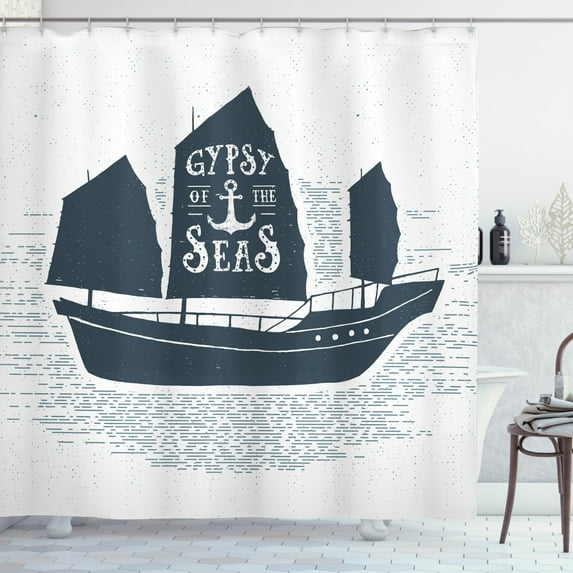 Vintage Boat Shower Curtain, Gypsy of the Sea Pirate Ship Headed to Treasure Island Vintage Style, Fabric Bathroom Set with Hooks, 69W X 84L Inches Extra Long, Dark Blue Grey White, by Ambesonne