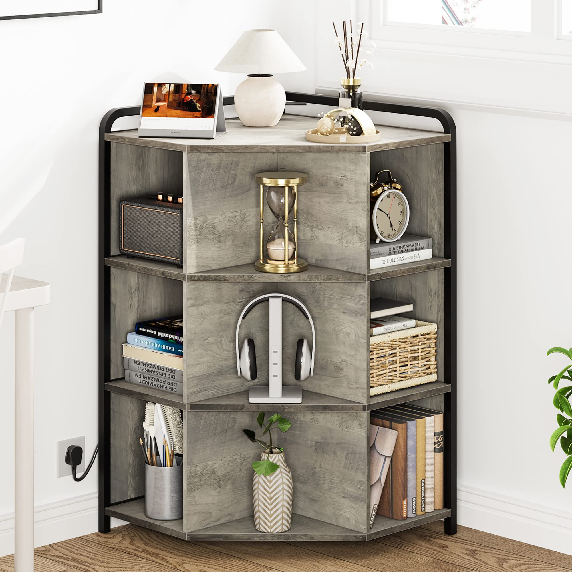 GymChoice Corner Storage with USB Ports and Outlets Wooden