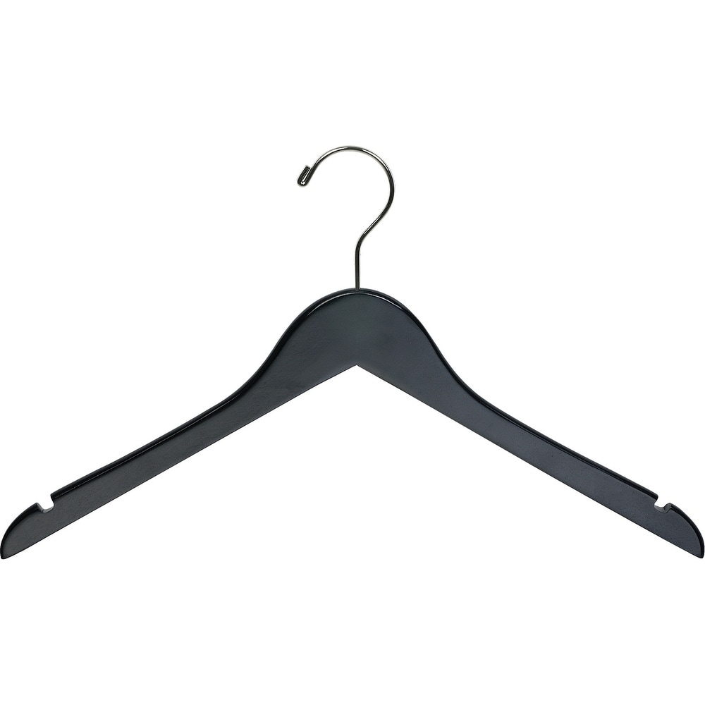 Black Wood Top Hanger, Box of 100 Space Saving 17 Inch Flat Wooden Hangers w/ Chrome Swivel Hook & Notches for Shirt Jacket or Dress by International Hanger