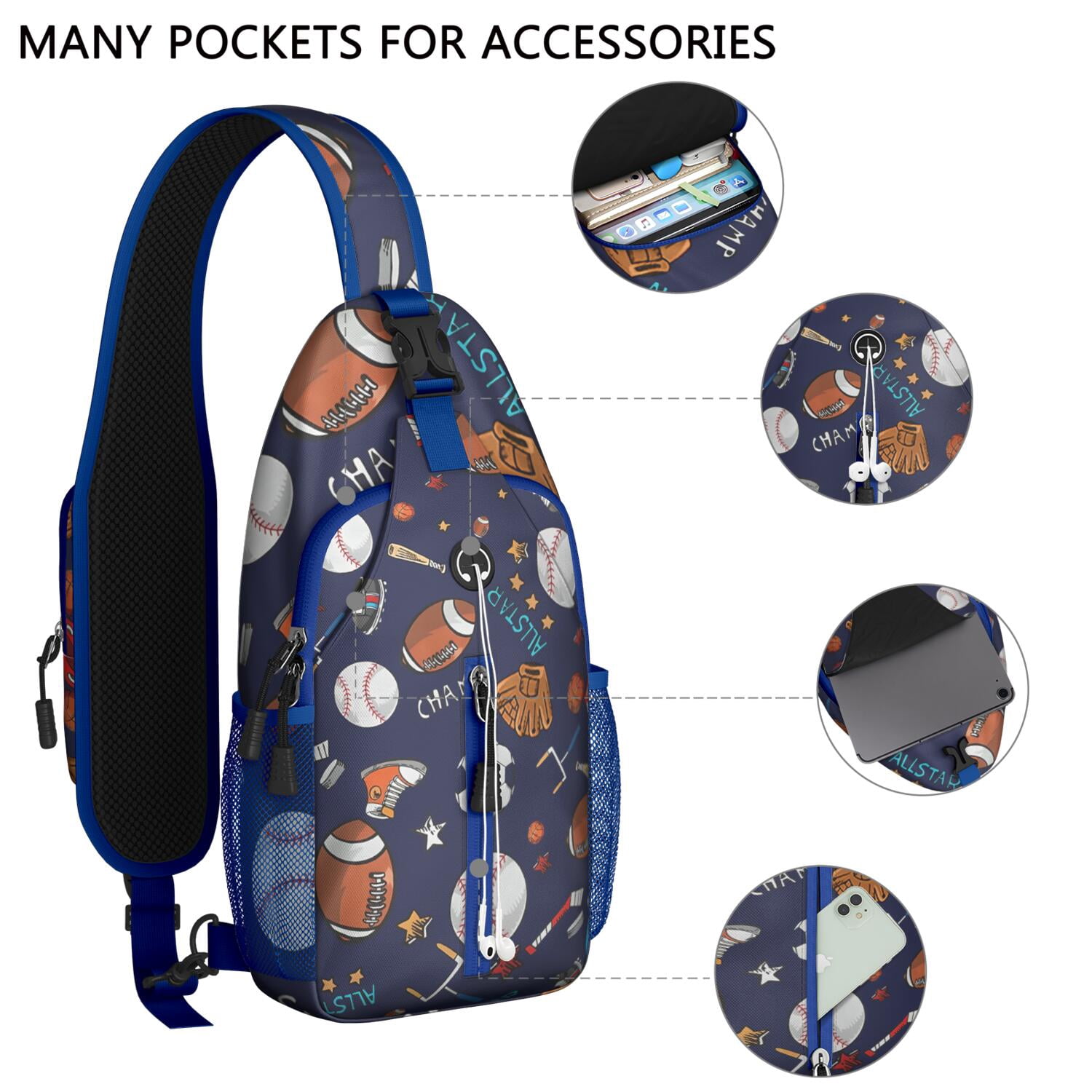 Athlete’s Team Sling Backpack for Softball and Football Lovers – Durable Crossbody Bag Featuring Breathable Padding, Anti-Theft Pocket, Mesh Side Pockets, Adjustable Strap, Ideal for Trai