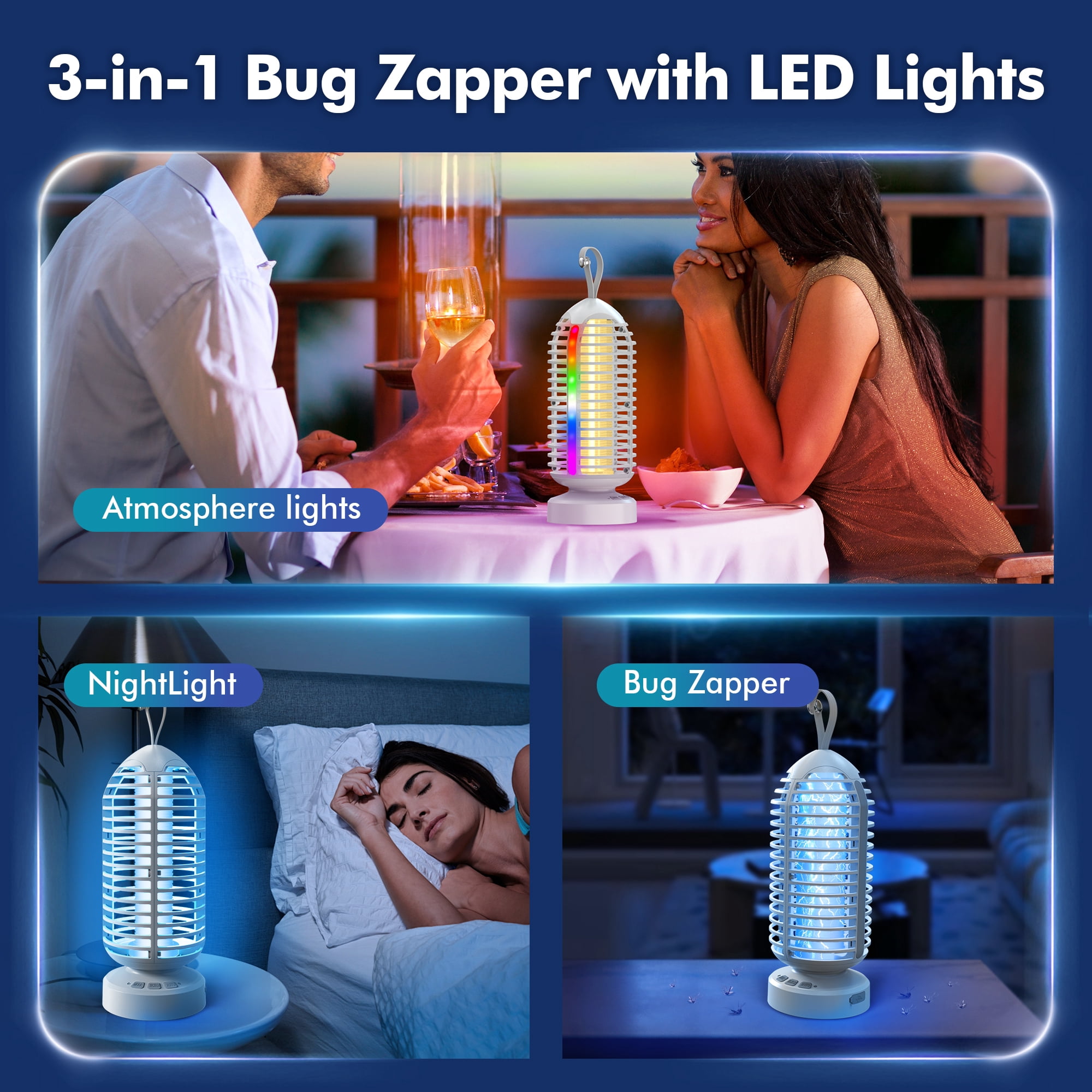 AENKYO Electric Bug Zapper Outdoor, Fly Mosquito Killer Lamp with Color Changing LED Light for Patio, Camping, White, 2 Pcs