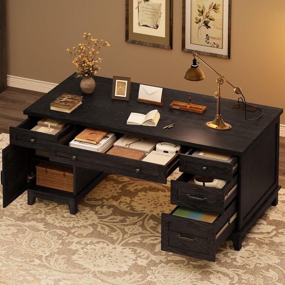 60" Wooden Home Office Desk with File Drawers, Executive Desk with Adjustable Cabinet, Farmhouse Wood Desk with Power Outlet, Distressed Study and Work Table, Rustic Black