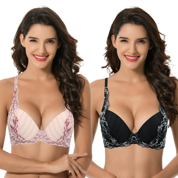 Curve Muse Women’s Plus Size Add 1 Cup Push Up Underwire Lace Mesh Bra-2PK-BLACK,PINK-32B