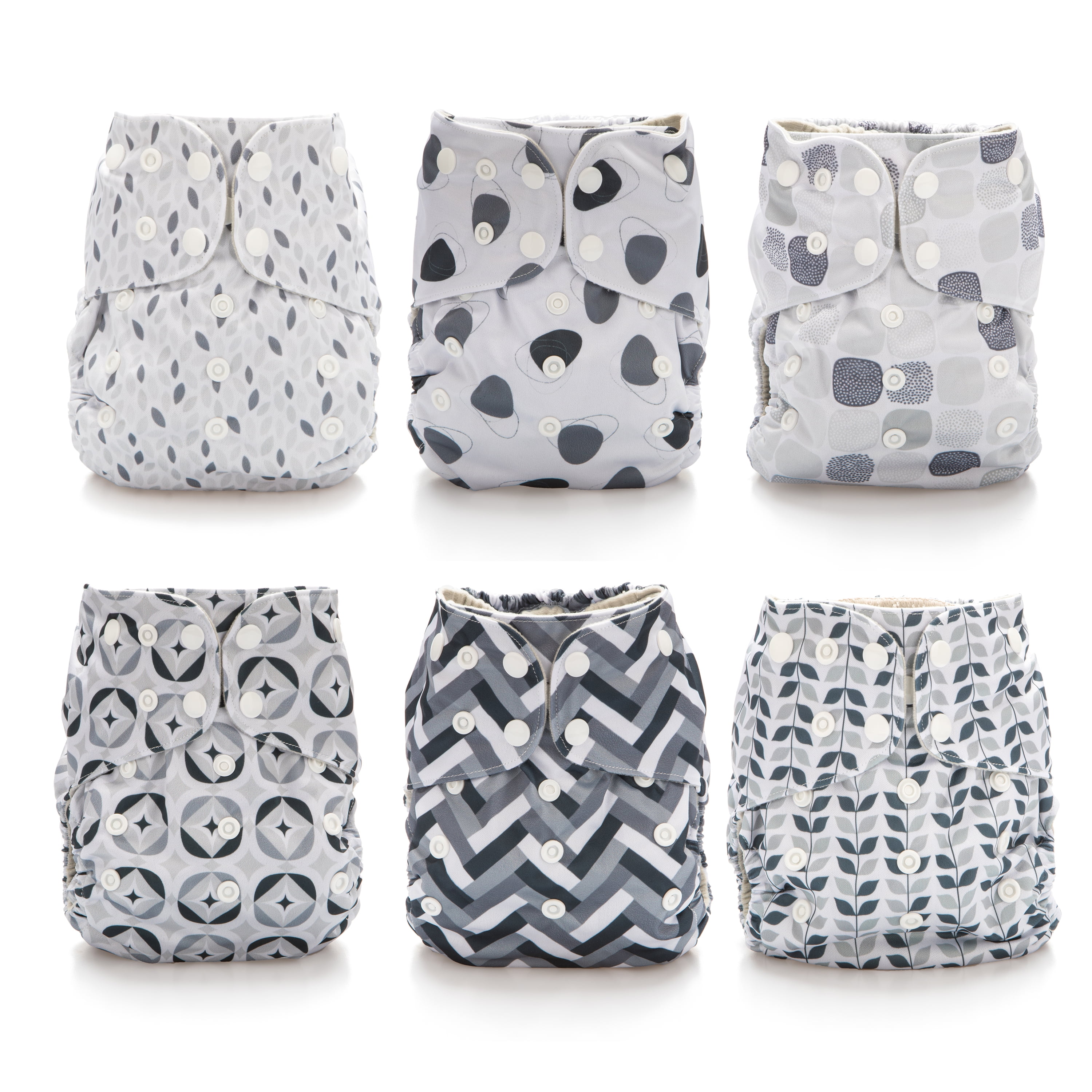 Simple Being Reusable Cloth Diapers, Double Gusset, Adjustable, Waterproof Cover, Washable, Eco-Friendly, 4-Layer Microfiber Inserts, Greys, 6-Pack