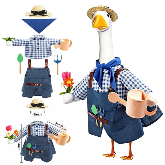 8 Piece Gardener Themed Outfit Set for 19-23 Inch Porch Goose With Straw Hat Plaid Shirt Denim Overalls and Gardening Accessories for Spring Outdoor Decor