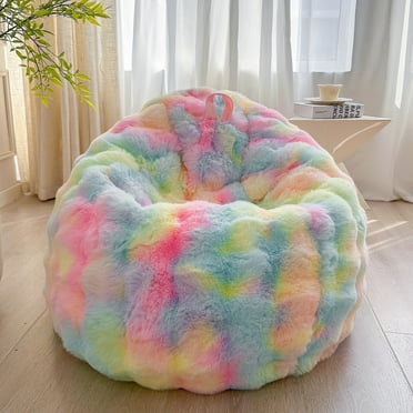 LIFEREVO Kids Fluffy Faux Rabbit Fur Bean Bag Cover (No Filler), Soft Fuzzy Stuffed Animal Storage Bubble Waffle Bean Bag for Plush Toys, Comfy Shaggy Furry Beanbag Cover Kids Girls Adults, Rainbow