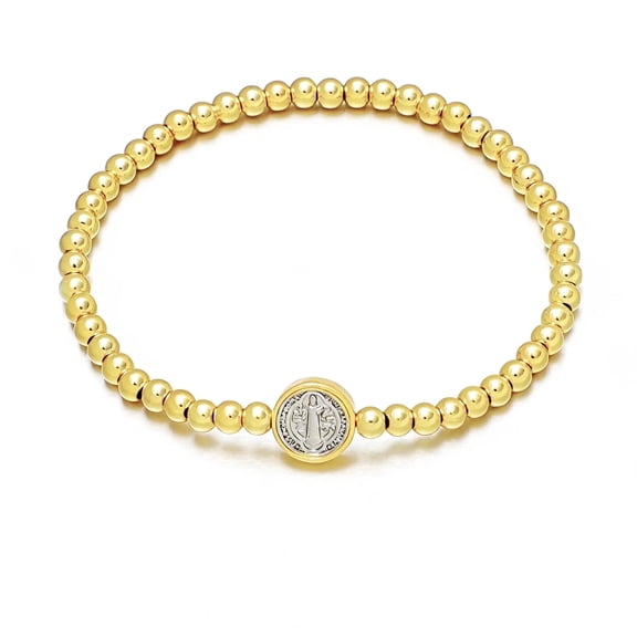 KOMI Gold Bracelets for Women 14K Gold-plated Beaded St Benedict Medal Religious Stretch Stackable Bracelet Jewelry Catholic Confirmation Gifts