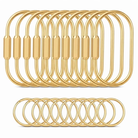 Gold Brass Key Rings, 10 Pack Keychain with 10 Flat Rings Carabiner Clip, Screw Lock Keys Organizer, Purse Bag,Car Keys or Backpack Accessory Ornament