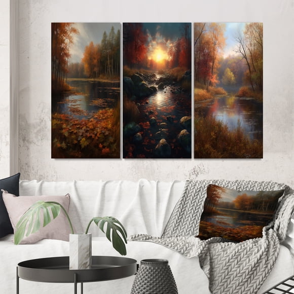 Designart "Misty Autumn Lake Watercolor Ambiance I" Lakehouse Wall Art Set Of 3 - Lake House Green Canvas Set For Living Room Decor