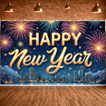 thumbnail image 6 of Golden Font Happy New Year Banner Colorful Fireworks New Year Display City Skyline Dark Blue Background Festive Backdrop for New Year Party Holiday Celebration Night Event, 6 of 9