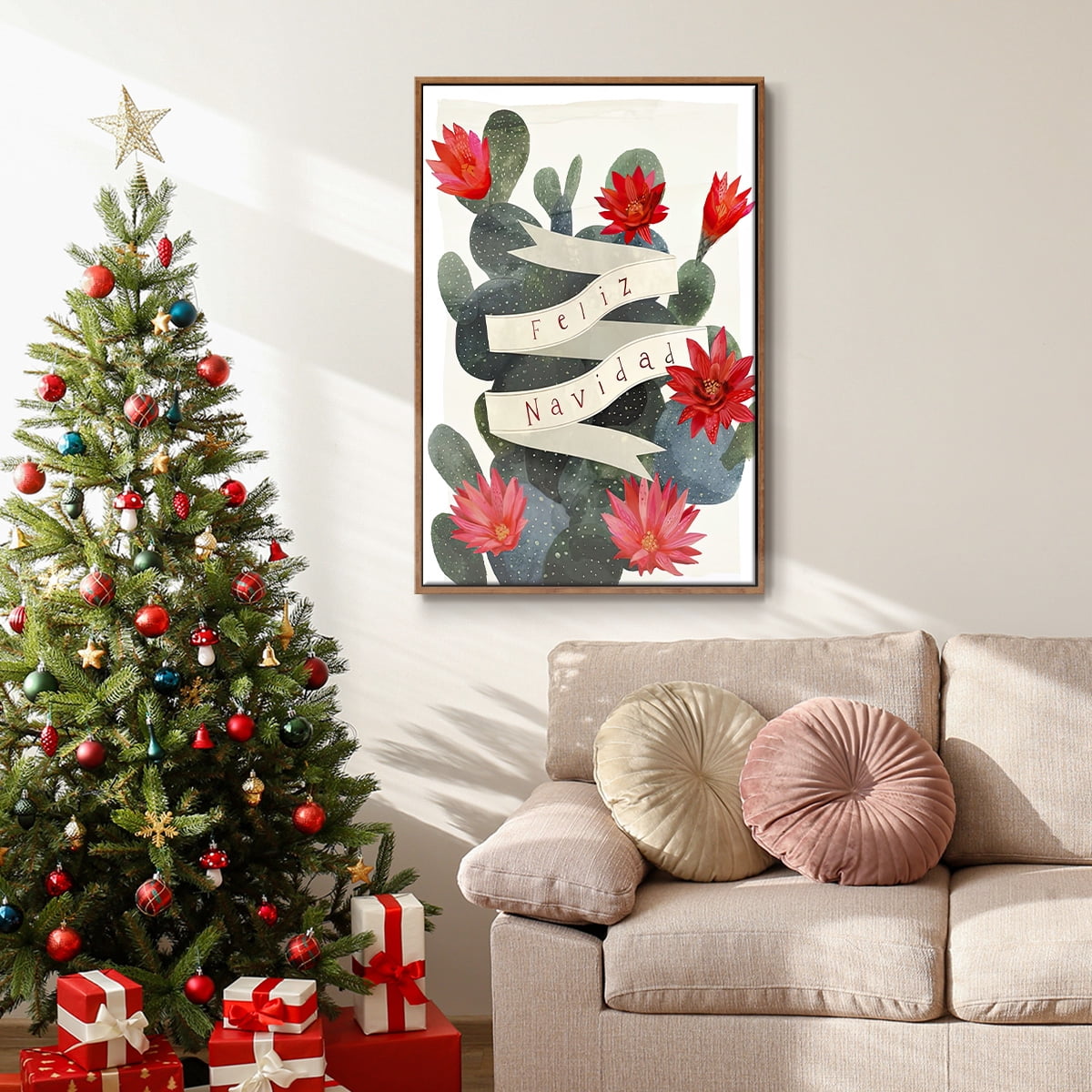 Desert Christmas Cactus I - Framed Gallery Wrapped Holiday Canvas - 25 x 37 - Rosewood Frame
