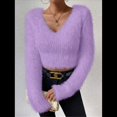thumbnail image 4 of Suéter Corto de Larga con Cuello en V para Mujer, Informal, Liso, Ajustado, Cálido, de Punto Púrpura L, 4 of 8
