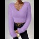 thumbnail image 4 of Suéter Corto de Larga con Cuello en V para Mujer, Informal, Liso, Ajustado, Cálido, de Punto Púrpura L, 4 of 8