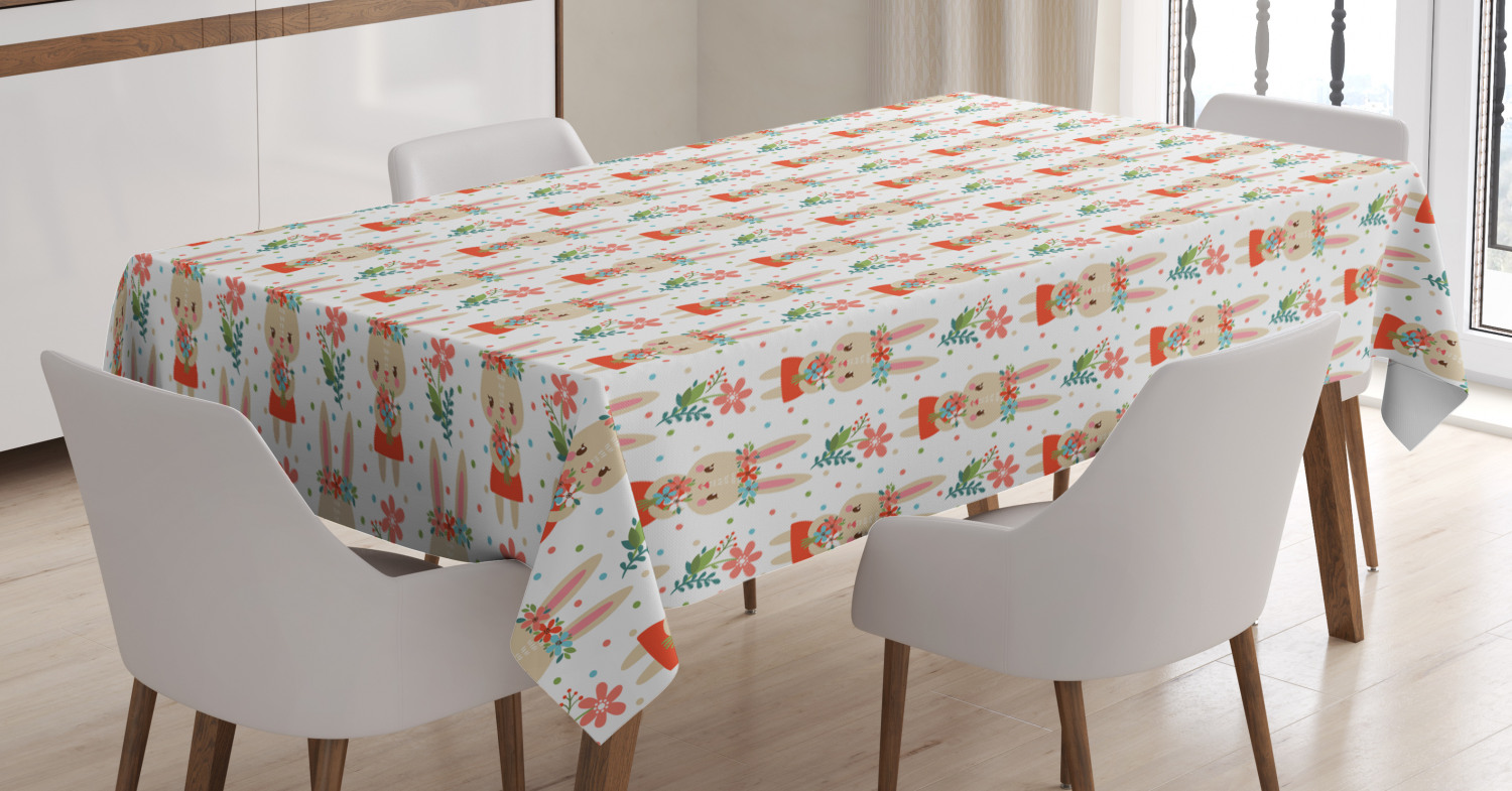 Easter Tablecloth, Baby Bunny Holding a Blossoming Bouquet Rabbit in