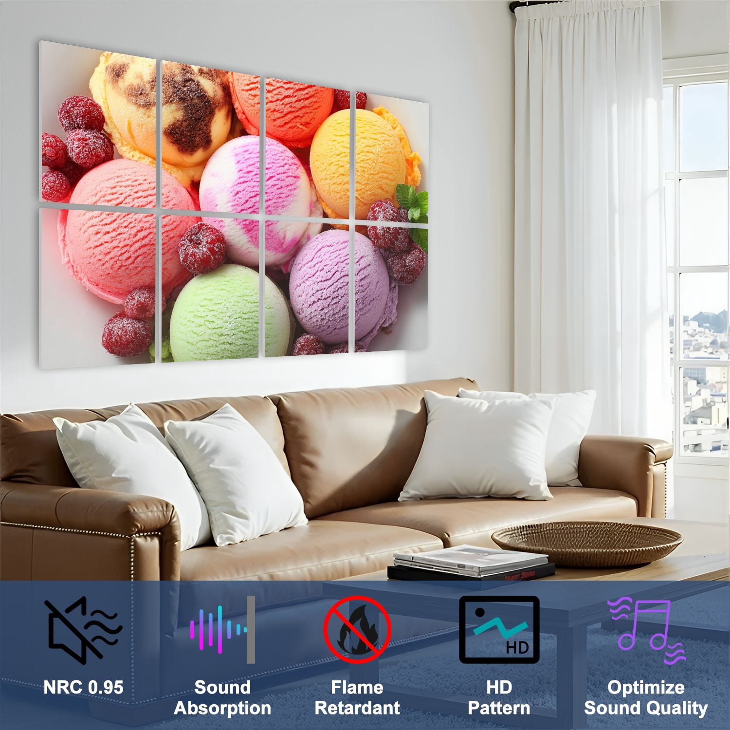 8 Pack Art Acoustic Panels Sound Absorbing Assorted ice cream Decorative Soundproof Wall Panels Self Adhesive for Nursery Game Room Bedroom 48"x32"