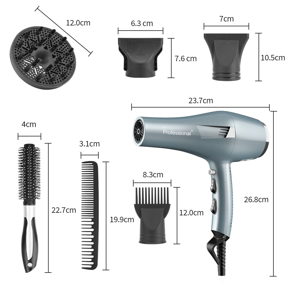 Faszin Ionic Salon Hair Dryer, Professional Blow Dryer 2200W AC Motor Fast Drying with 2 Speed, 3 Heat Setting, Cool Button, with Diffuser, Nozzle, Concentrator Comb for Curly & Straight Hair-Blue