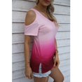 thumbnail image 4 of Blusa transpirable cómoda de moda con cuello en V y hombros descubiertos, manga corta, para fiesta, compras, cumpleaños, rosa, L, 4 of 7