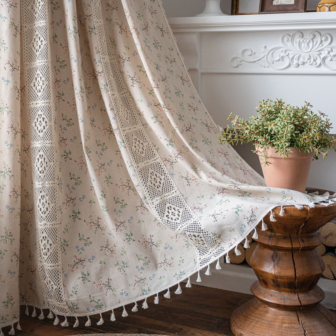 1 Pair Boho Curtains Beige Cotton Linen Curtains Embroidery Semi-transparent Linen Optics Flower Curtains With Tassel 59" W x 71" L