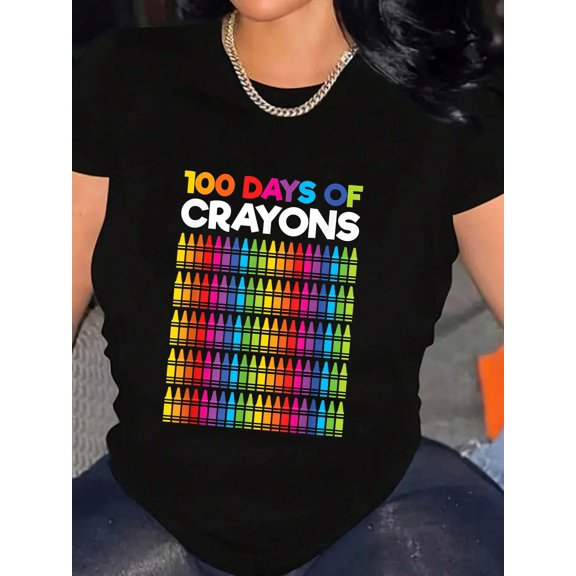 School Crayons Shirt Teacher 100 Days of School T-Shirt Graphic Tee summer Tops For Women Round Neck Fashion Cotton shirts