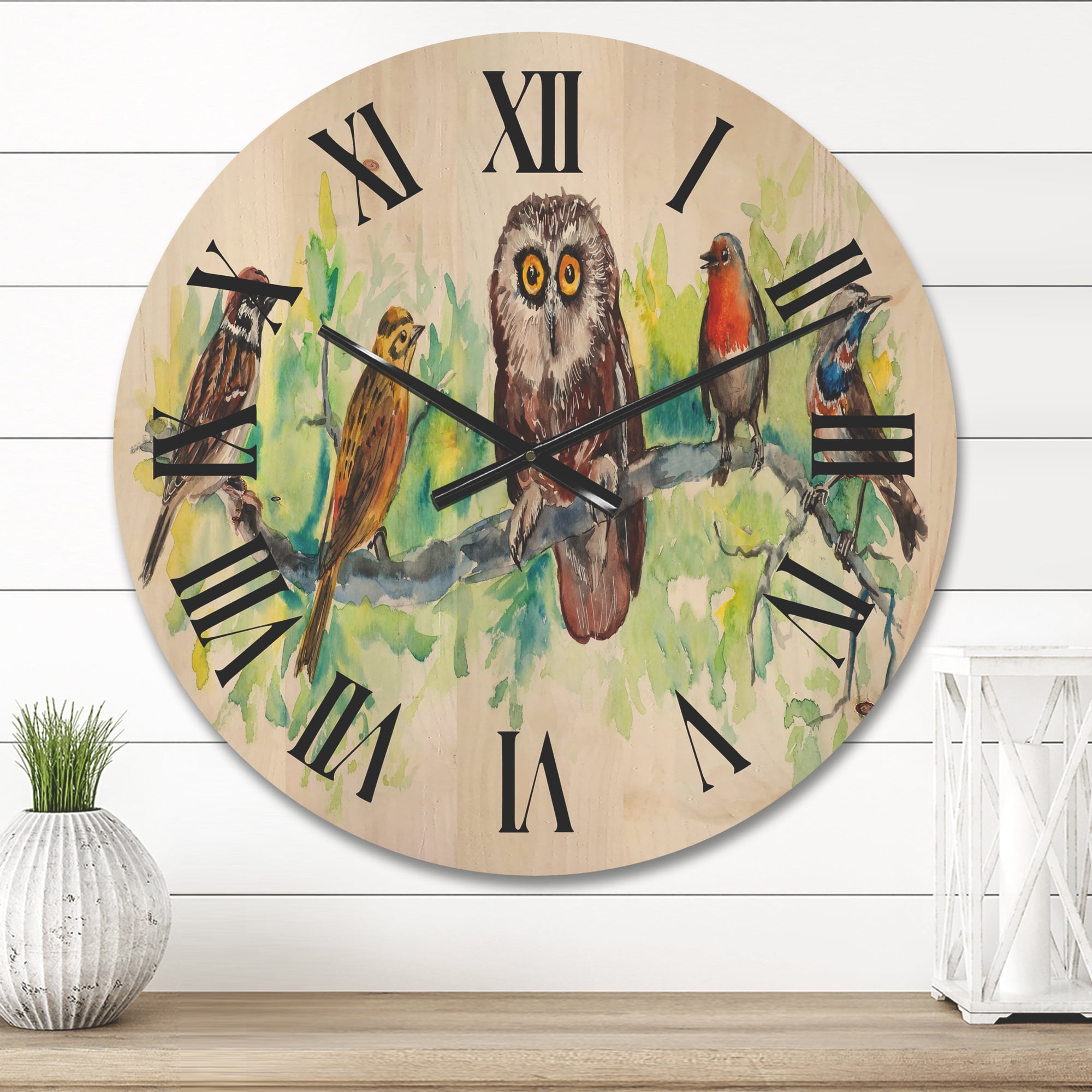 Designart 'Bird Friends With Owl On A Branch' Traditional Wood Wall Clock