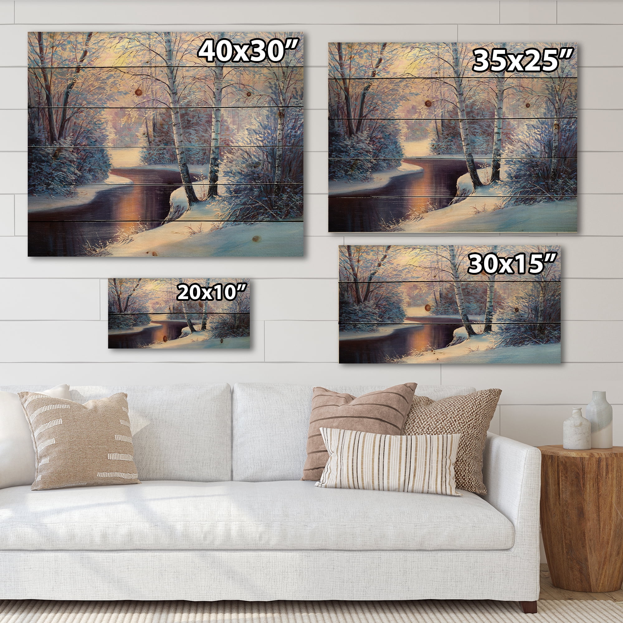 Designart 'Christmas Forest With Trees and River I' Traditional Print on Natural Pine Wood