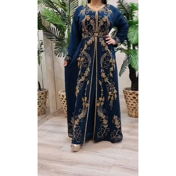 NAVY BLUE HANDCRAFTED ZARI WORK STITCHED GEORGETTE KAFTAN PARTY DRESS