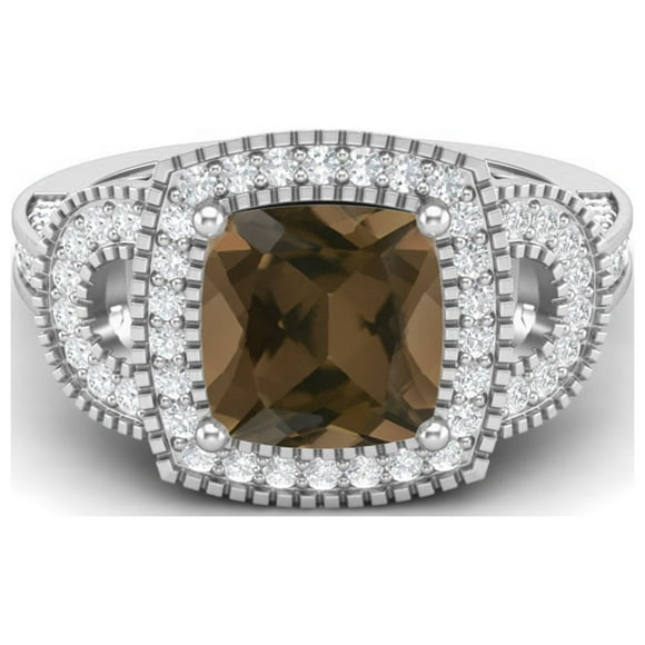 4.06 Ctw Cushion Smoky Quartz 925 Sterling Silver Solitaire Halo Women Wedding Ring