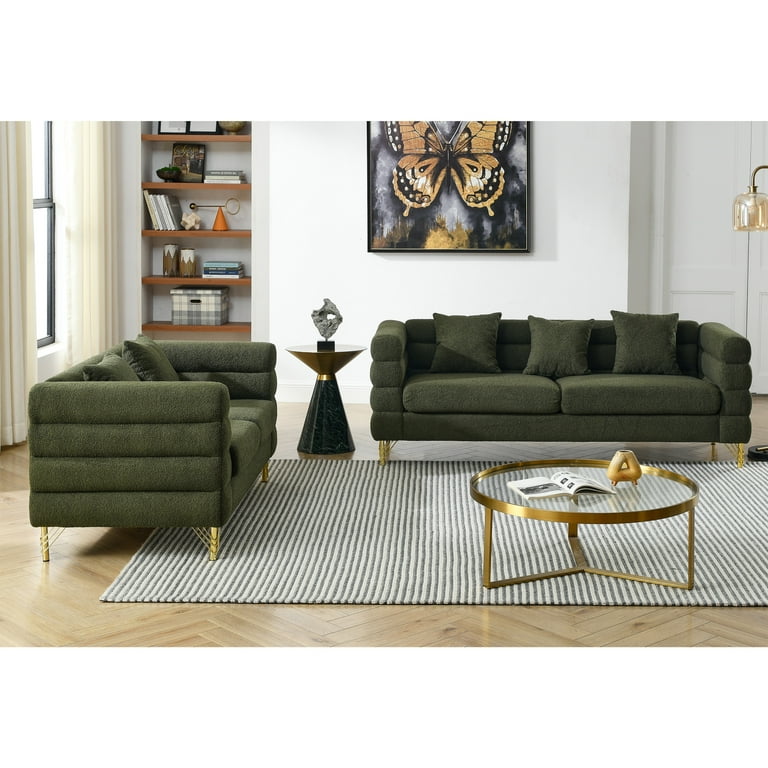 2 Pieces Sofa Sets Include 3 Seater Sofa and Loveseat Modern Teddy Fabric Upholstered Sofa Couch with Square Arm and 4 Golden Metal Legs for Living