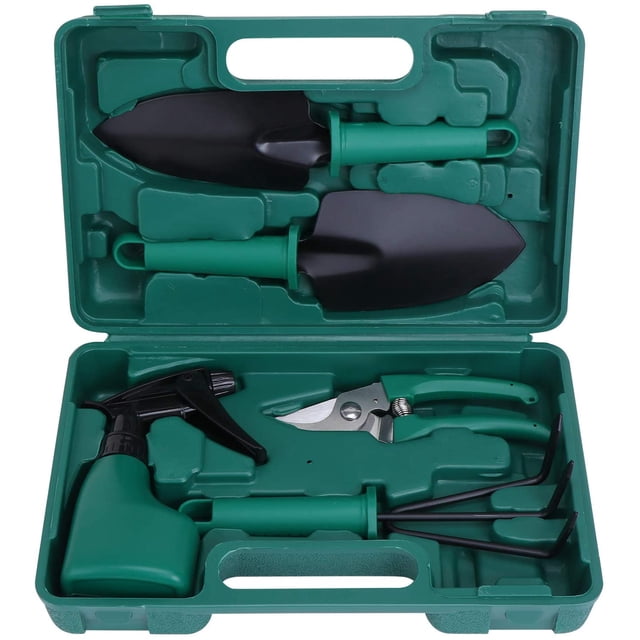 Rawiri Herramientas de Jardinería de 5 Piezas con Tijeras, Palas, Rastrillos y Pulverizador Mango Ergonómico Antideslizante e Inoxidable - Caja de Almacenamiento