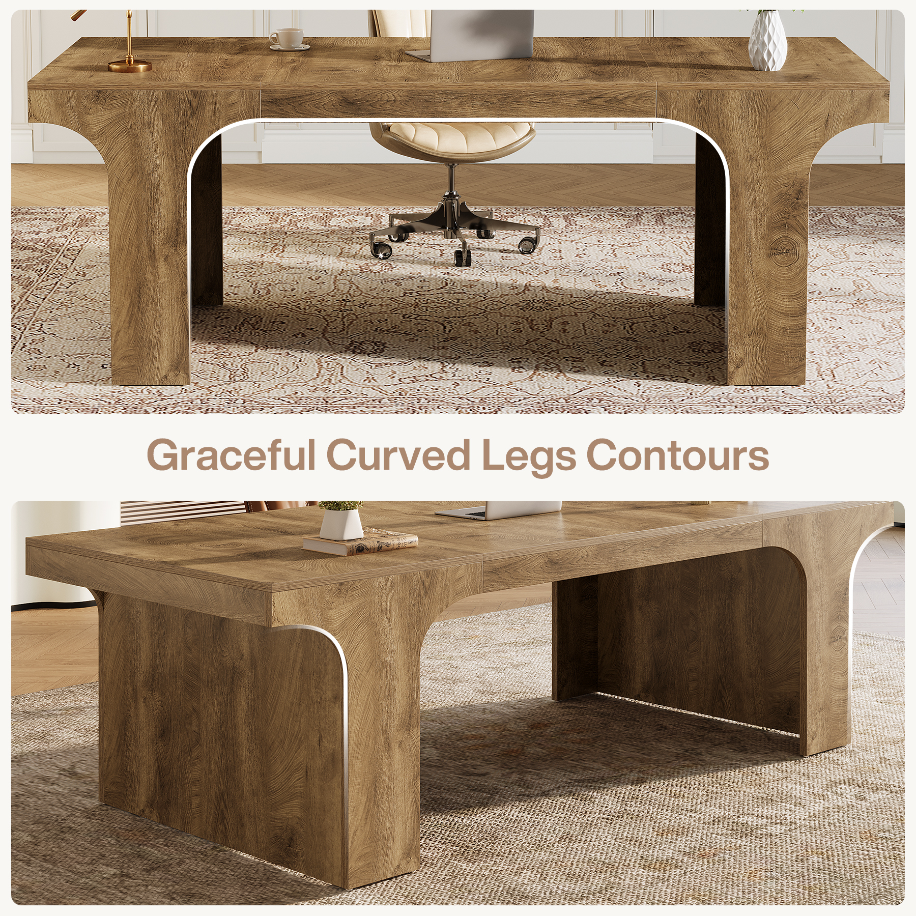 Tribesigns 70.87" Executive Office Desk, Large Workspace Computer Desk, Modern Wooden Table with Arched Design for Home Office, Brown