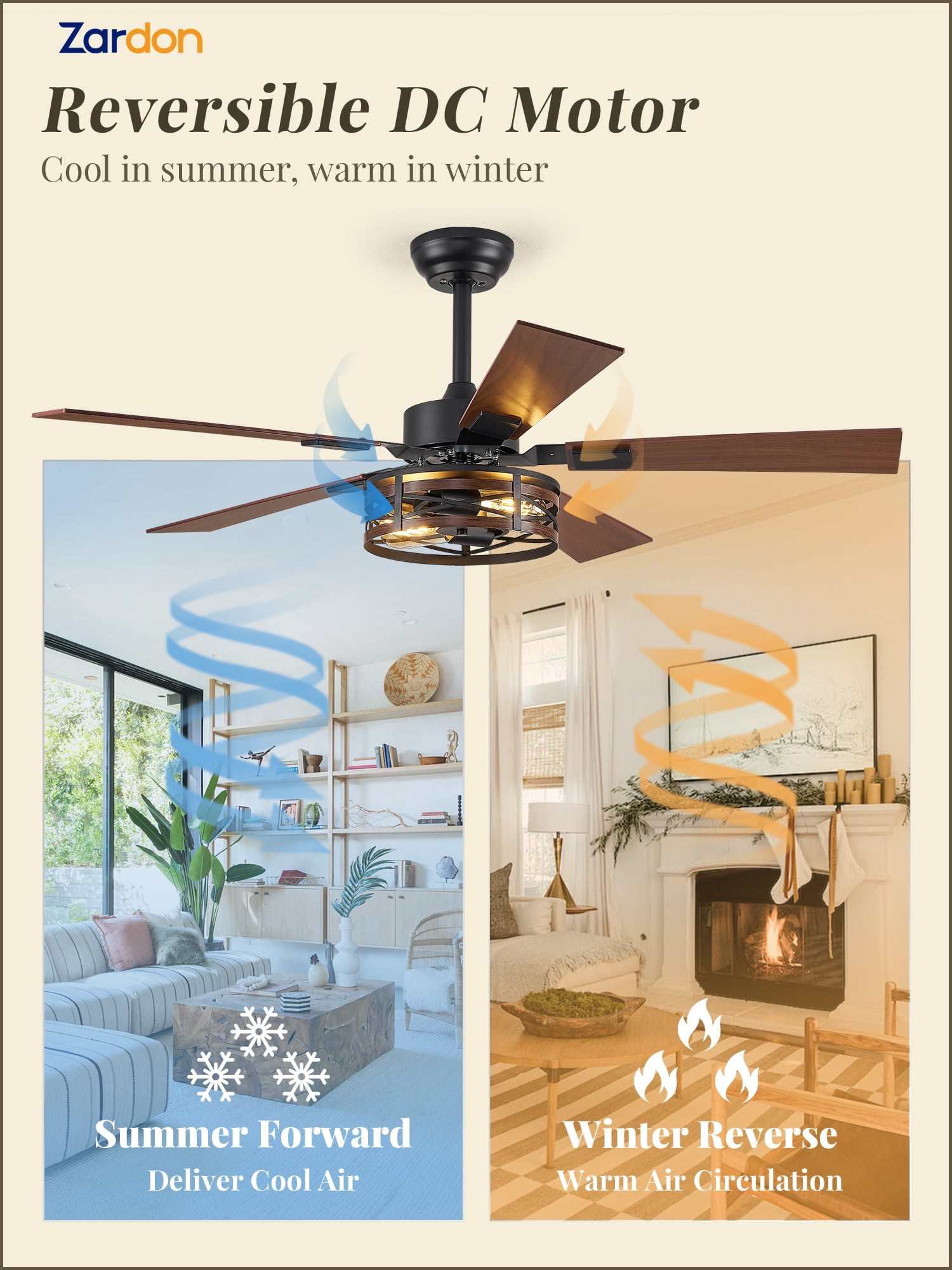 Zardon 48-Inch Ceiling Fan with Light and Remote, Industrial Farmhouse Style, 6-Speed Adjustable, Dual-Color Walnut Blades