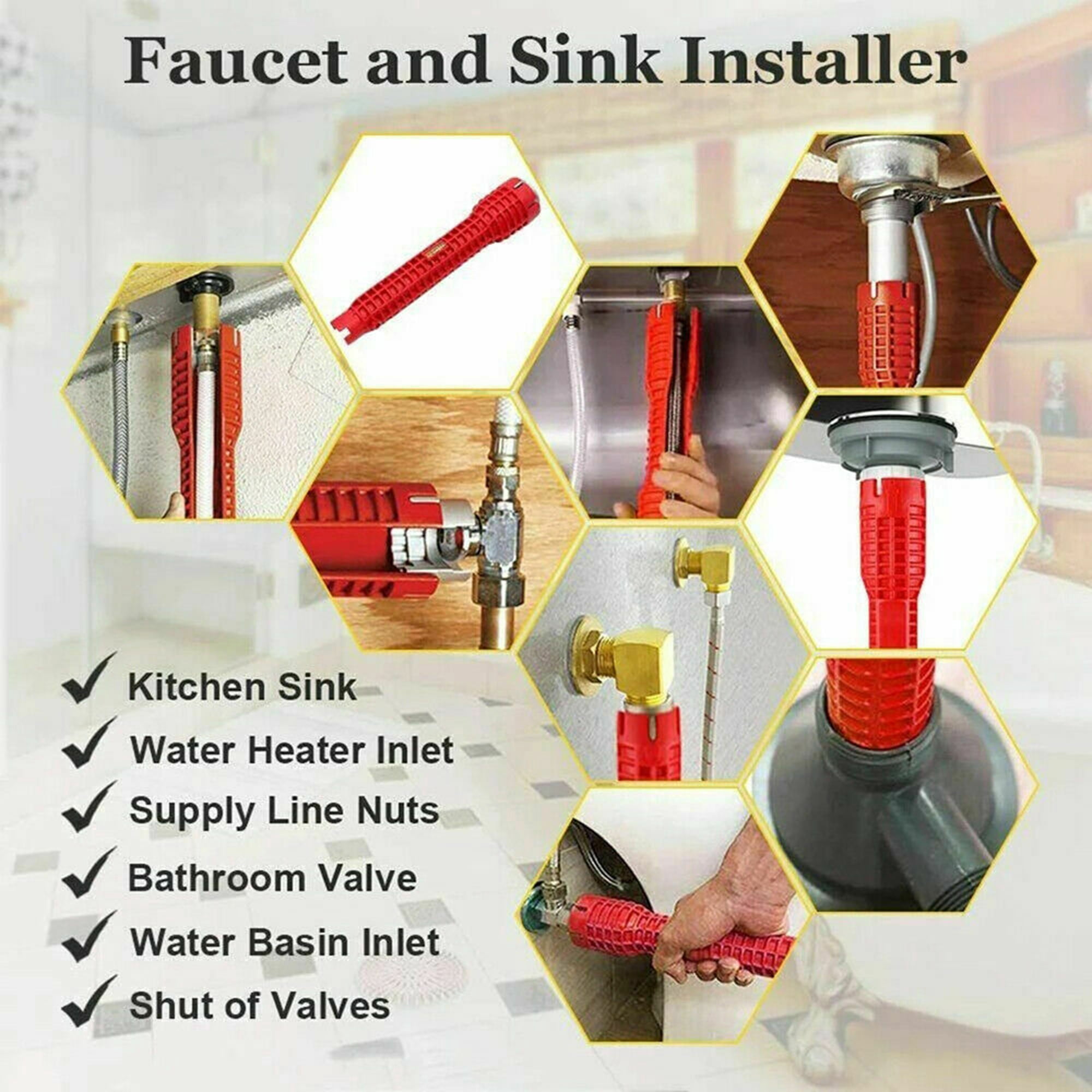8-in-1 Faucet And Sink Installer Wrench – Multi-Purpose Plumbing Tool With Level, For Toilet, Basin, Kitchen Sink (Red)