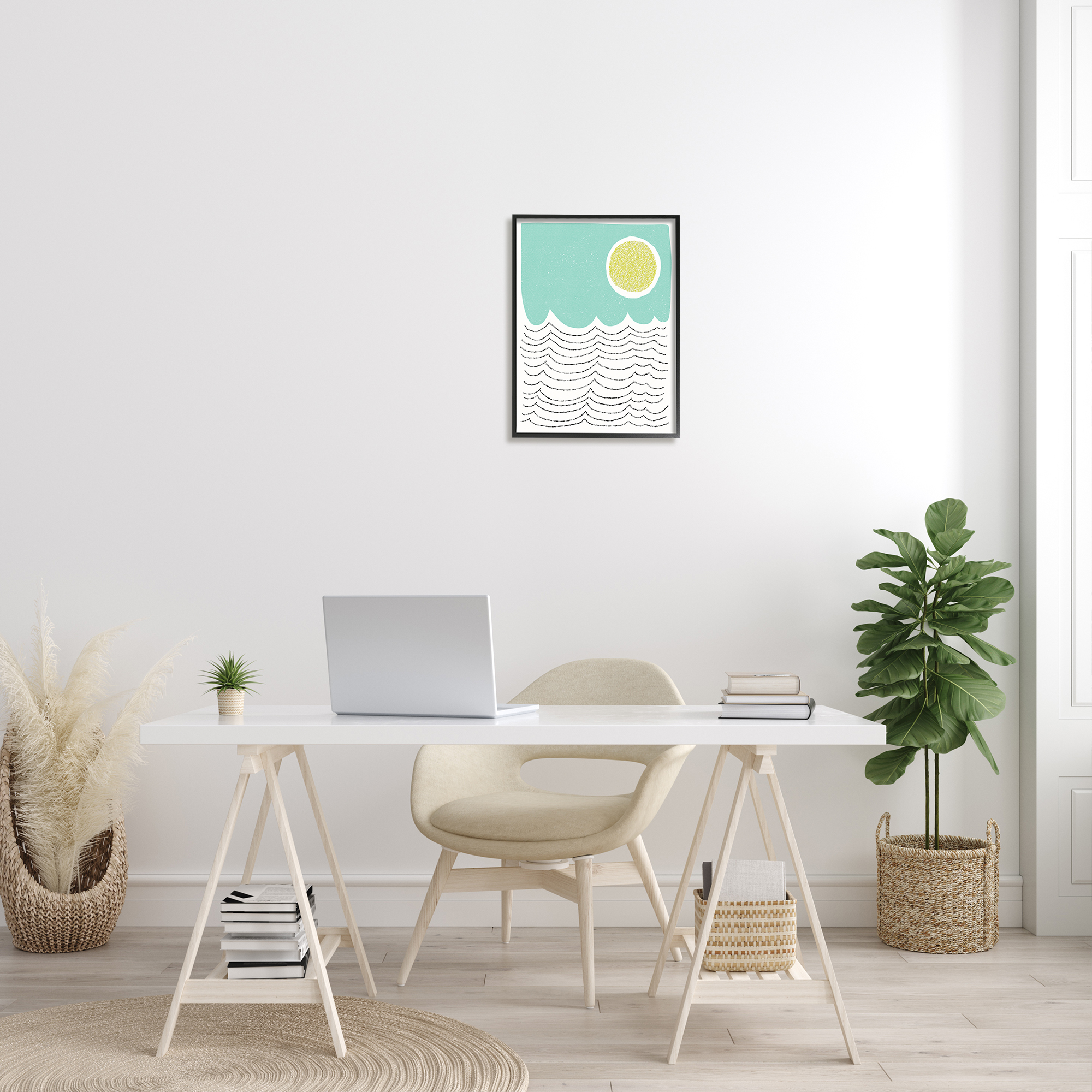 Stupell Industries Sun Rising over Ocean Waves Abstract Dotted Lines Abstract Painting Black Framed Art Print Wall Art, 16 x 20
