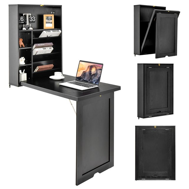Gymax Bureau d'Ordinateur Mural Convertible, Bureau Flottant avec Bibliothèques de Rangement, Noir