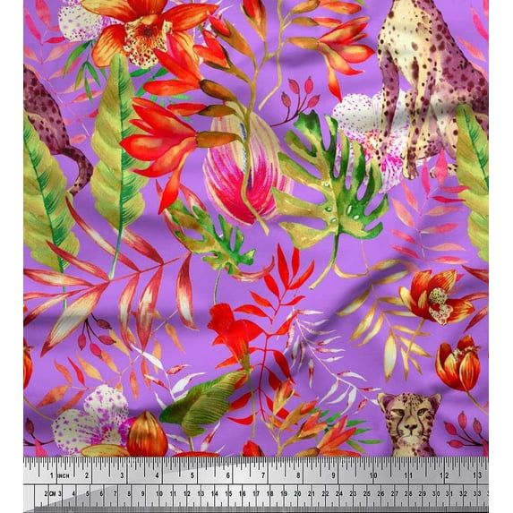 Soimoi Purple Silk Fabric Leaves,Floral & Leopard Jungle Print Sewing Fabric BTY 42 Inch Wide